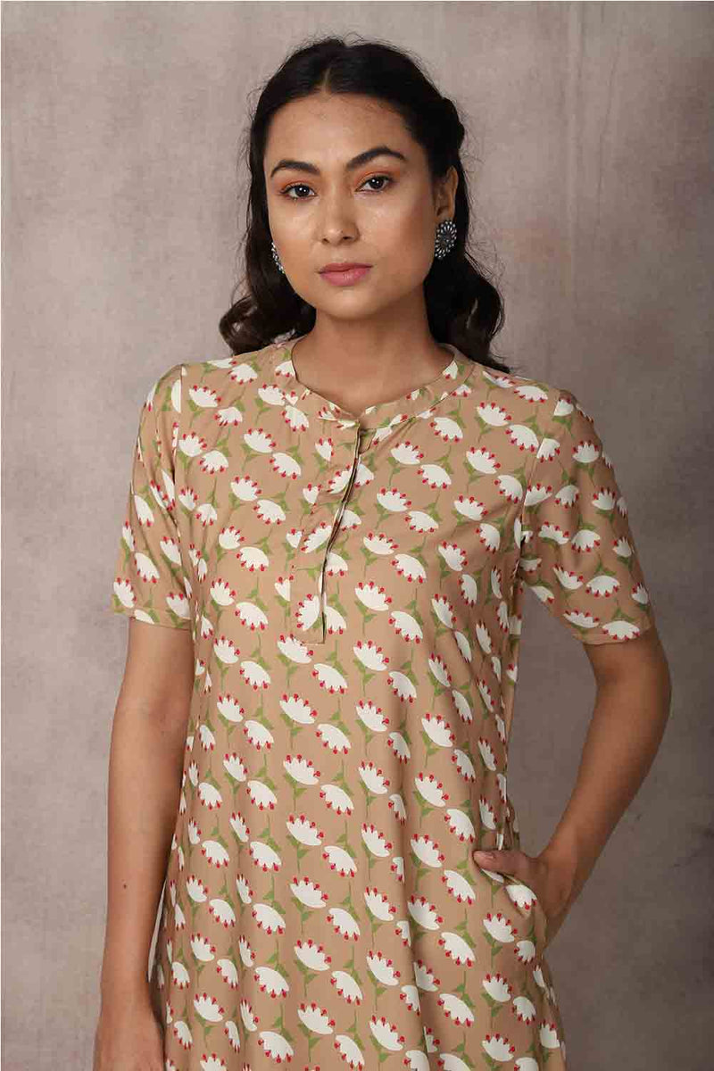 Brown Floral Printed Crepe Dress - GleamBerry