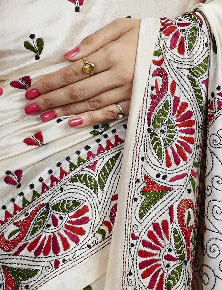White Kantha Stitch Tussar Silk Saree - GleamBerry