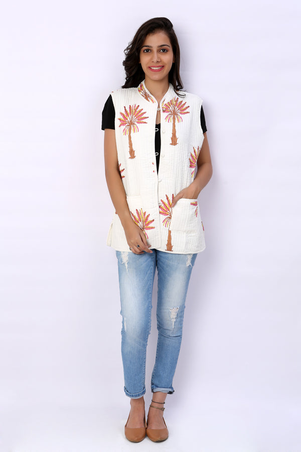 Hand Block Printed Cotton Sleevless Quilted Jacket - GleamBerry