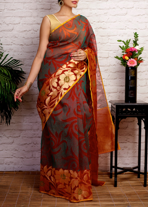 Red And Gold Banarasi Handloom Kora Silk Saree - GleamBerry
