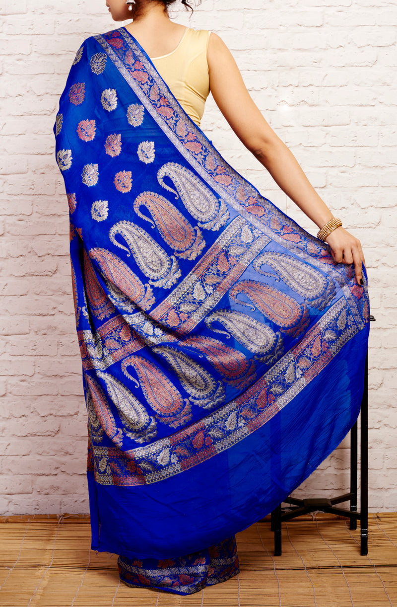 Persian Blue Banarasi Khadi Silk Saree - GleamBerry