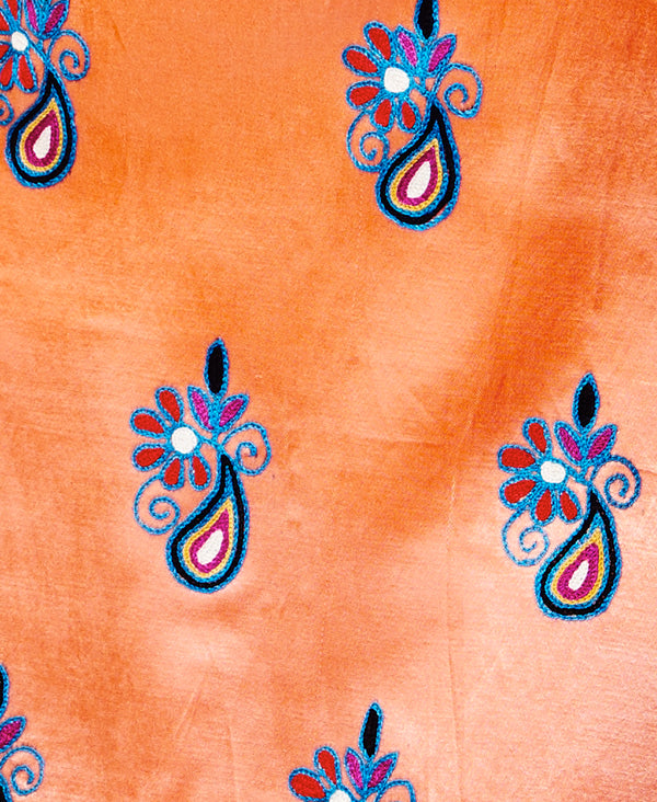 Pumpkin Orange Mashru Hand Embroidered Unstitched Kurti - GleamBerry