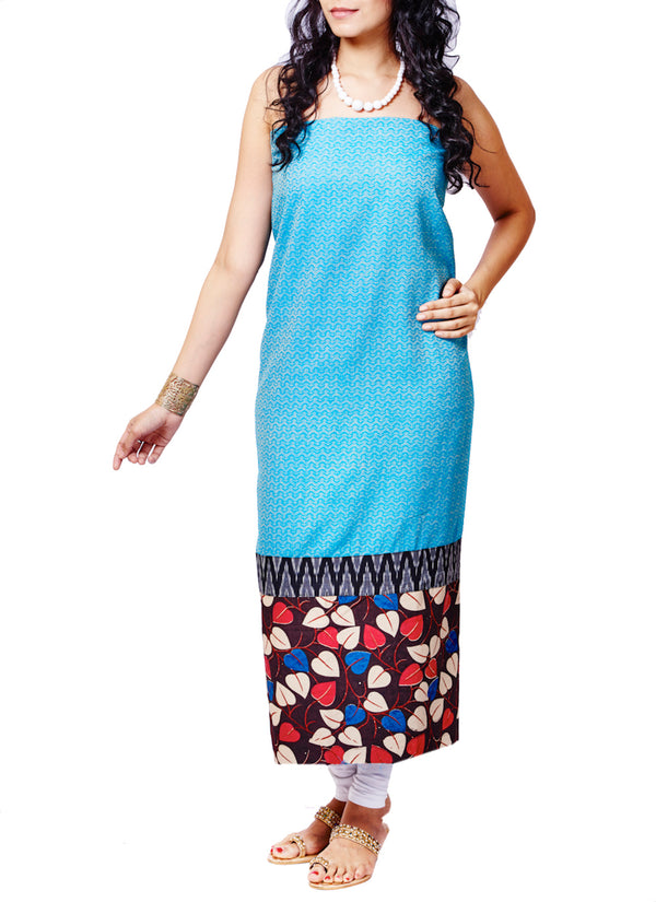 Sky Blue Jacquard Ikat Kalamkari Handloom Cotton Kurti Material - GleamBerry