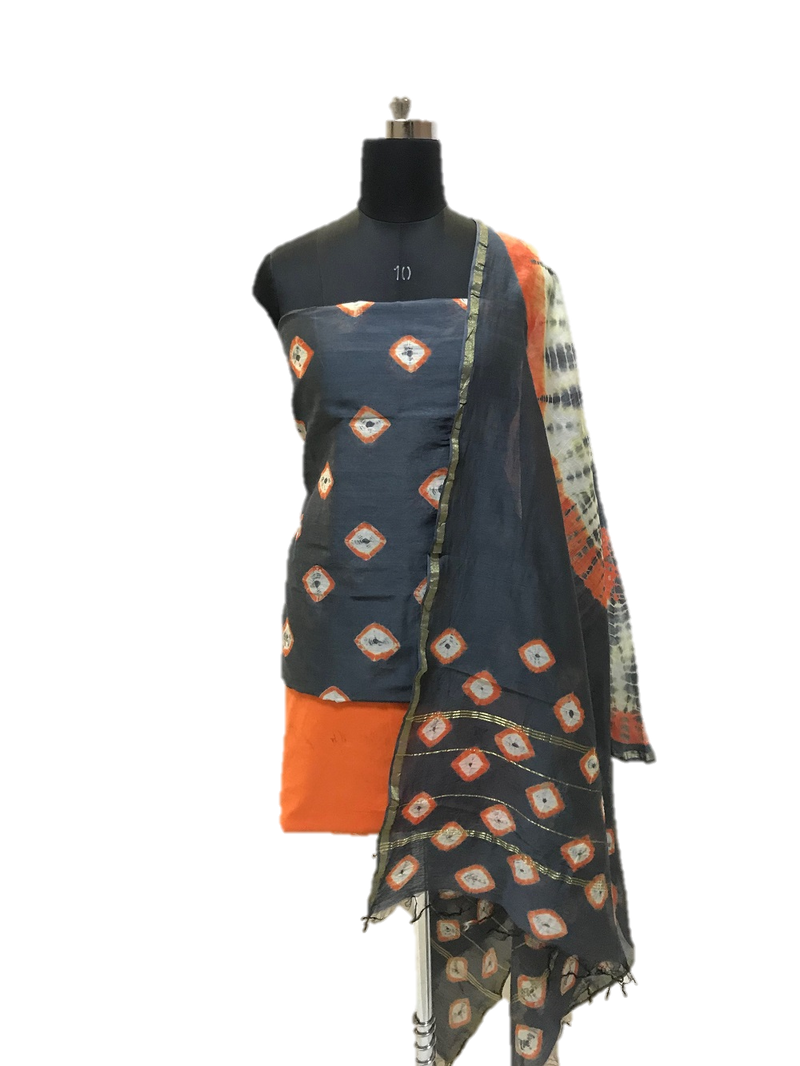 Grey And Orange Shibori Chanderi Dress Material Set - GleamBerry