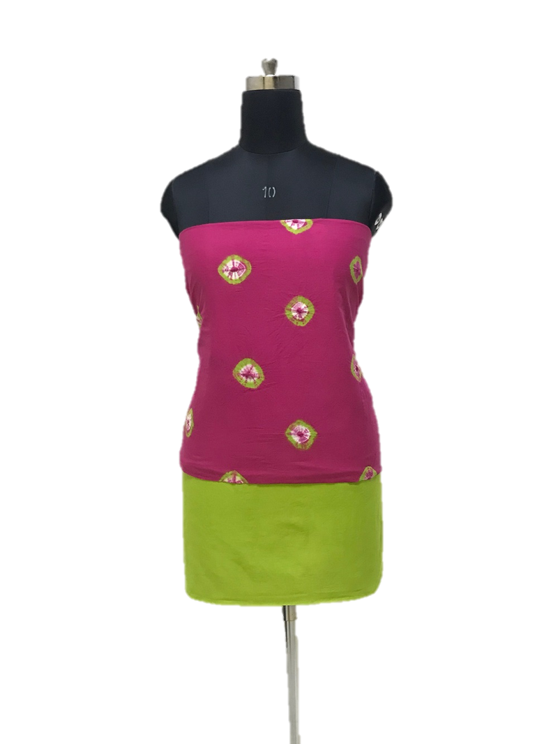 Pink And Green Shibori Cotton Dress Material Set - GleamBerry