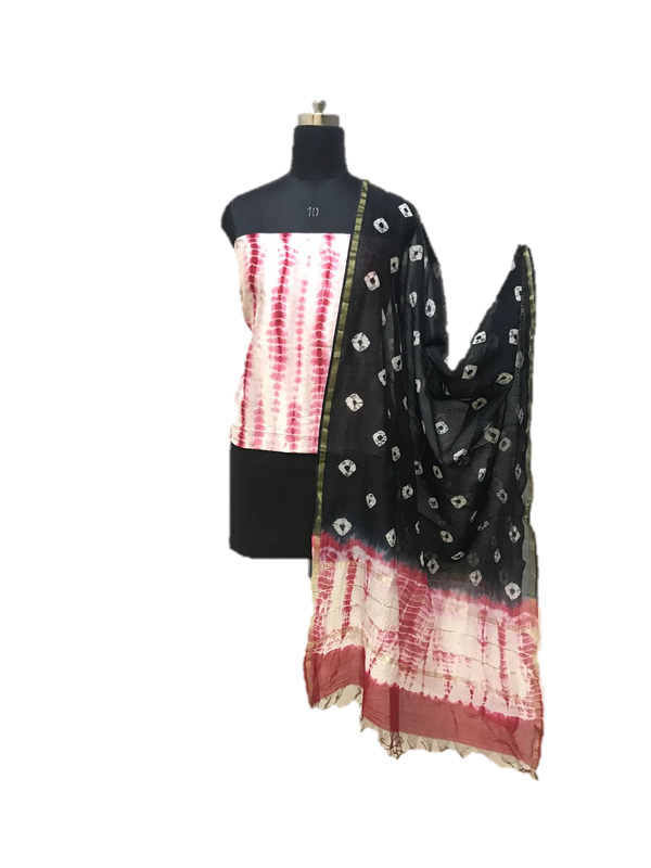 Pink And Black Shibori Chanderi Dress Material Set - GleamBerry