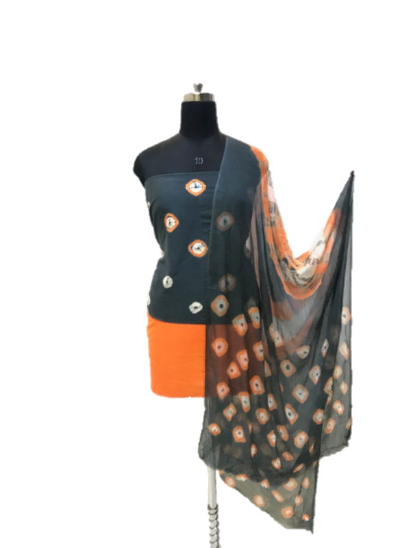 Grey And Orange Shibori Cotton Dress Material Set - GleamBerry