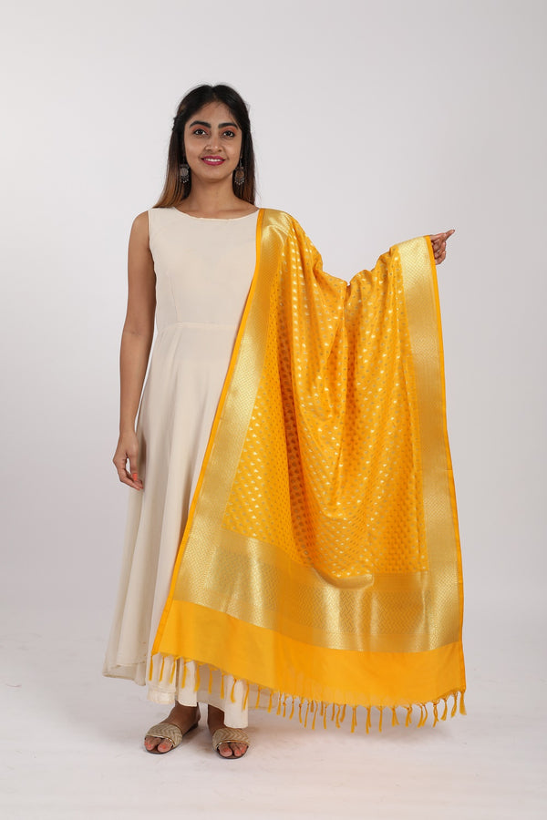 Yellow Katan Silk Handloom Banarasi Dupatta - GleamBerry