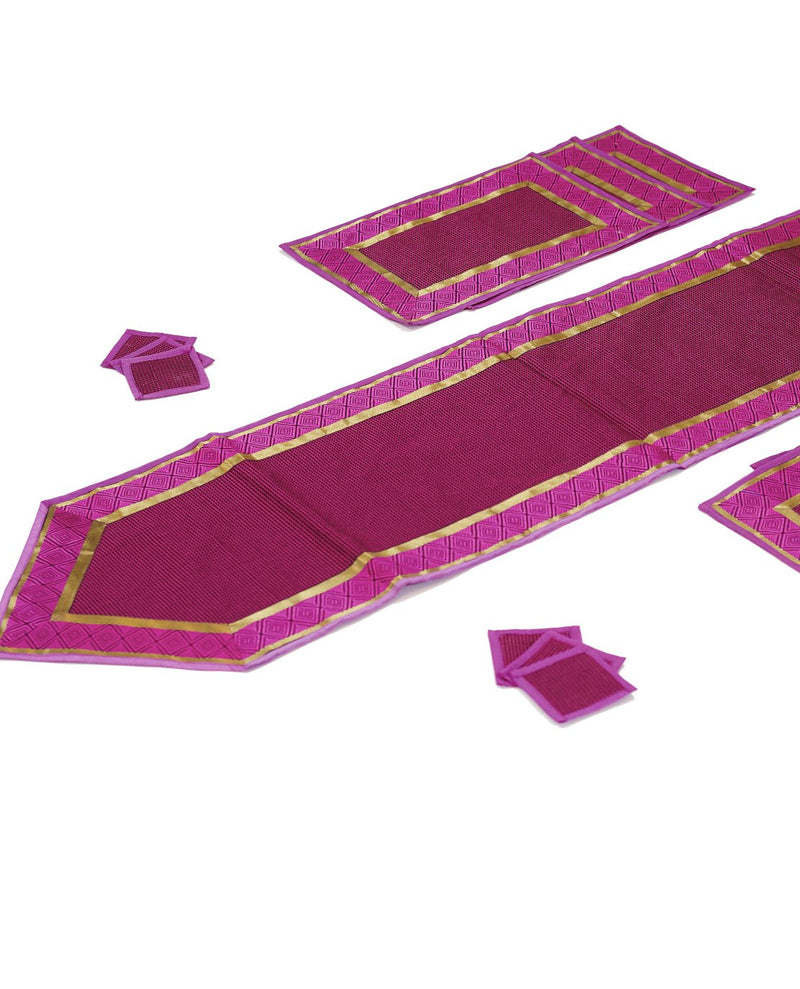 Deep Pink Banarasi Handloom Silk Table Runner with 6-Table Mats, 6-Table Coasters