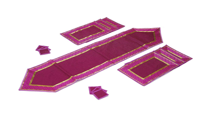 Deep Pink Banarasi Handloom Silk Table Runner with 6-Table Mats, 6-Table Coasters