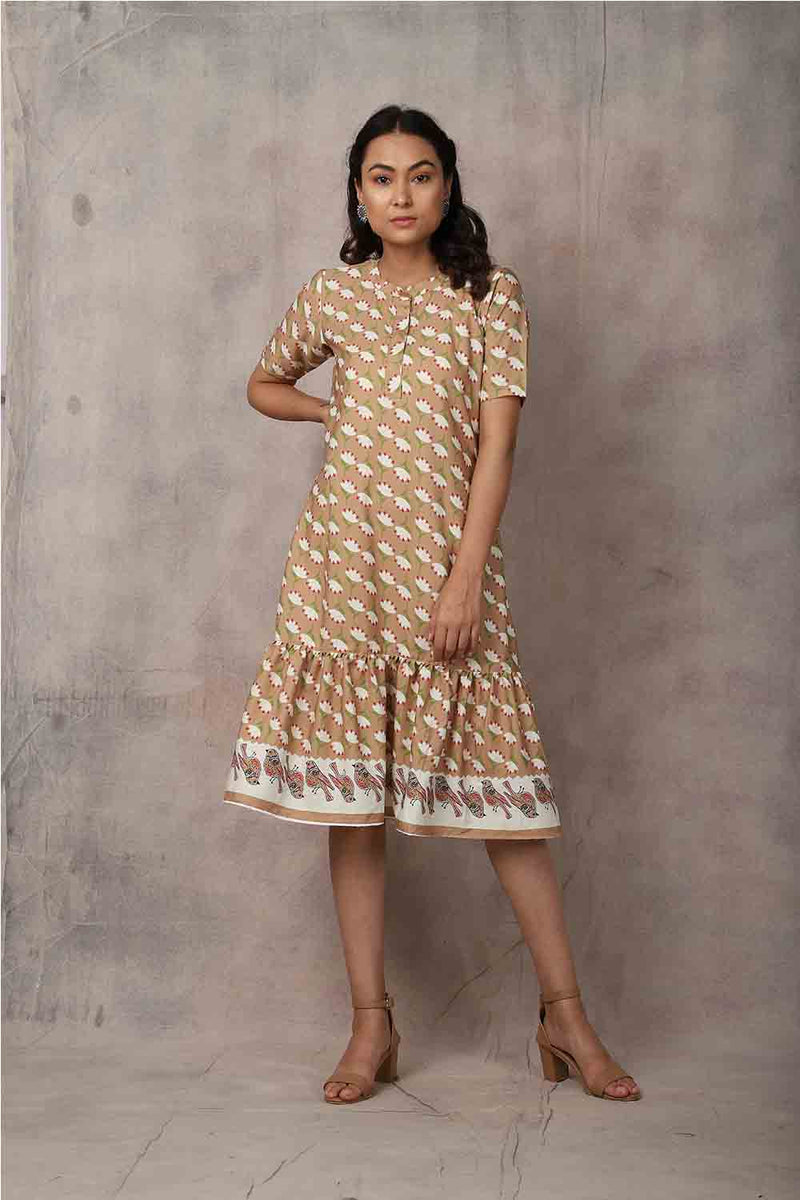 Brown Floral Printed Crepe Dress - GleamBerry