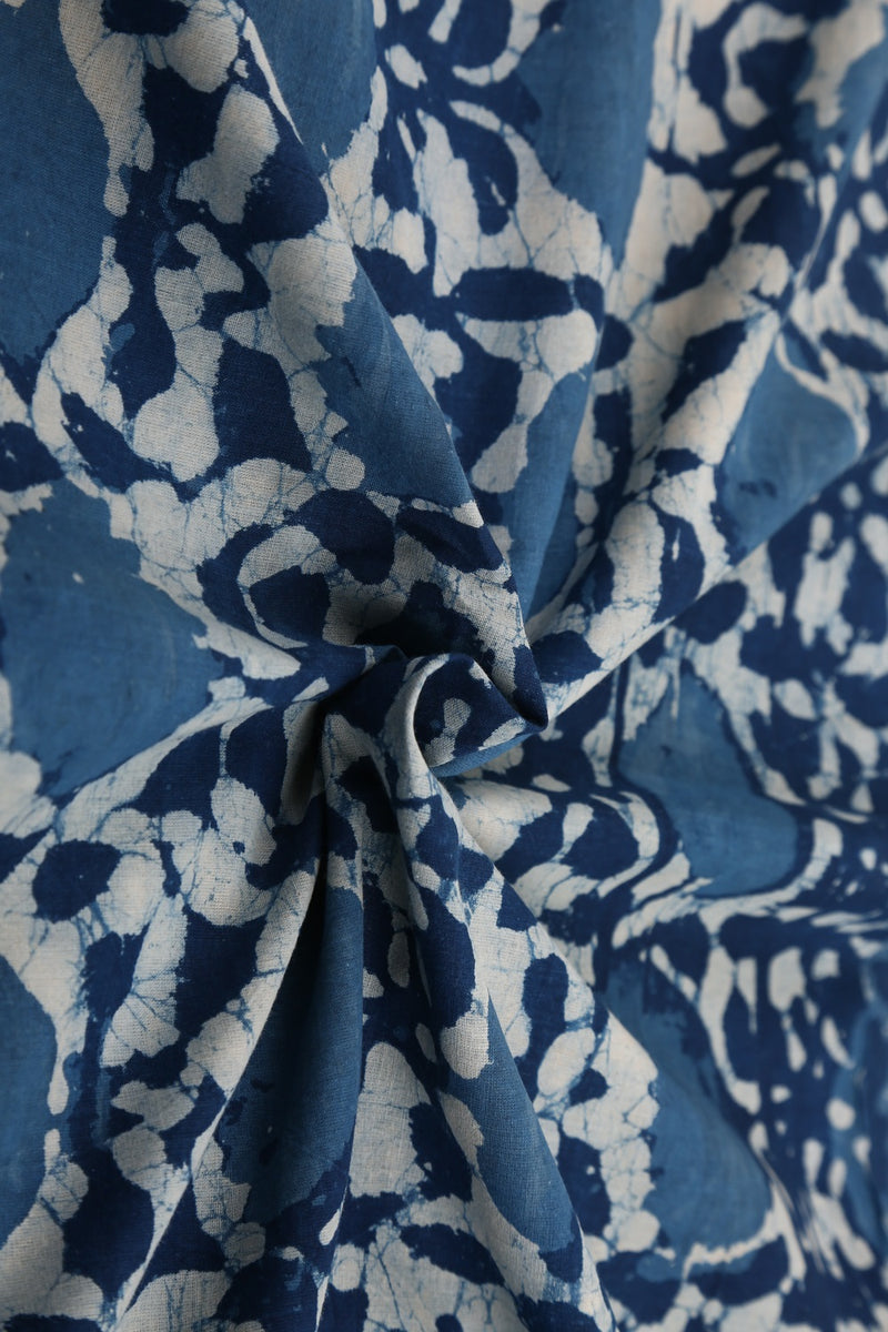 Indigo Blue Flower Block Print Cotton Fabric - GleamBerry