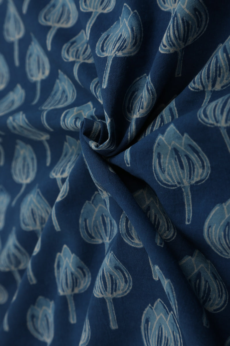 Indigo Dabu Hand Block Lotus Print Cotton Fabric - GleamBerry