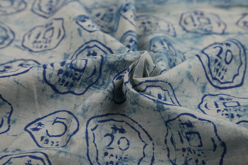 Blue Coins Block Print Cotton Fabric - GleamBerry