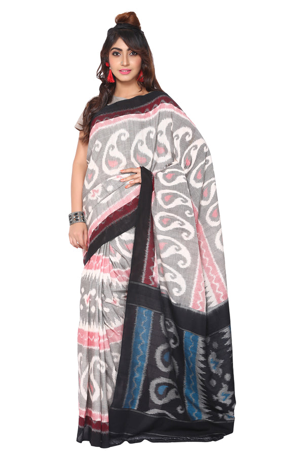 Grey Double Ikkat Saree (Paisely) - GleamBerry