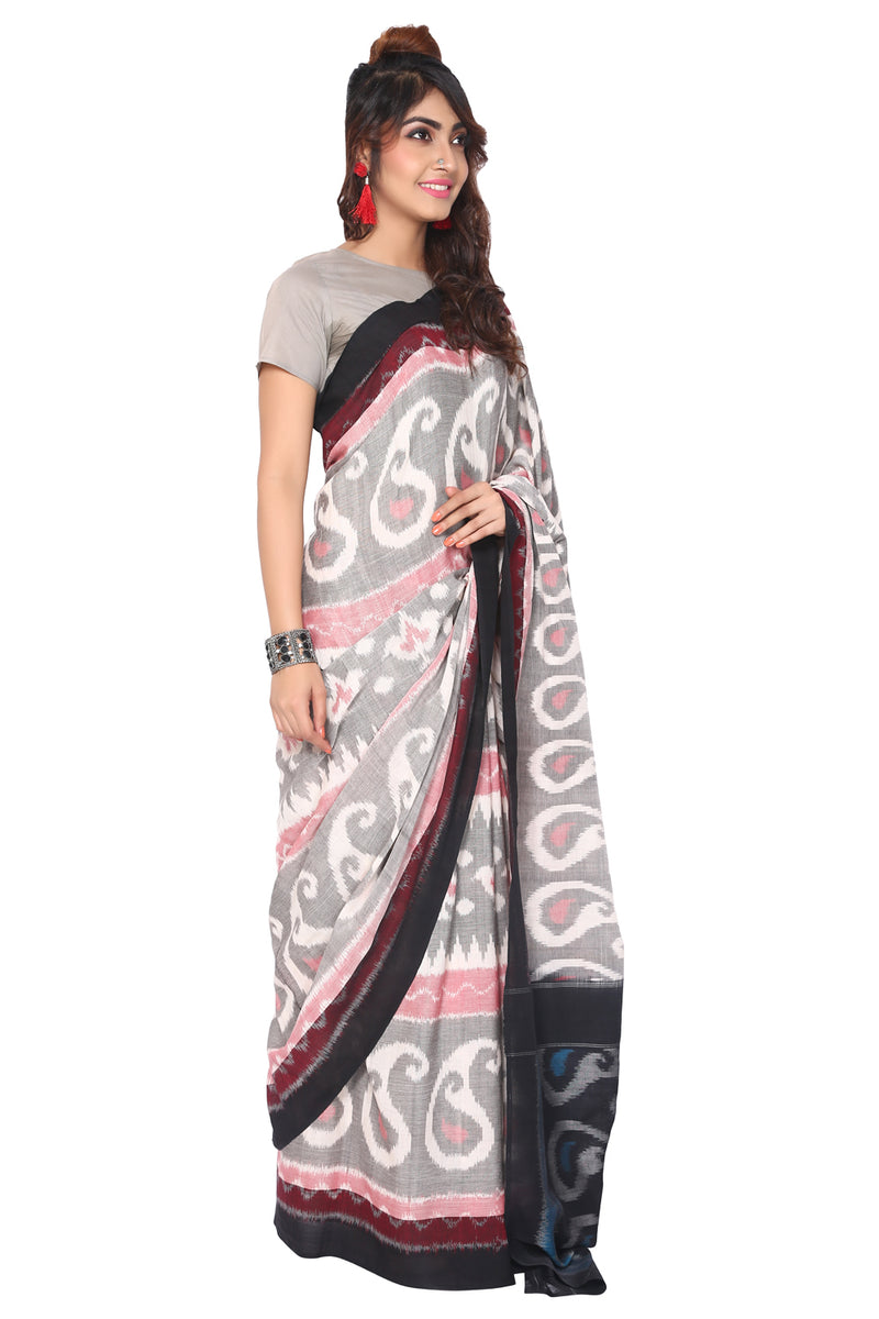 Grey Double Ikkat Saree (Paisely) - GleamBerry