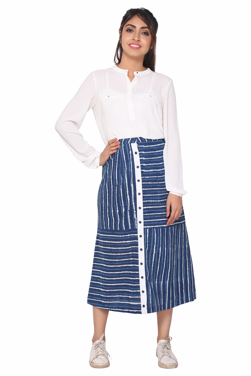 Indigo Stripes Block Print Cotton Skirt - GleamBerry