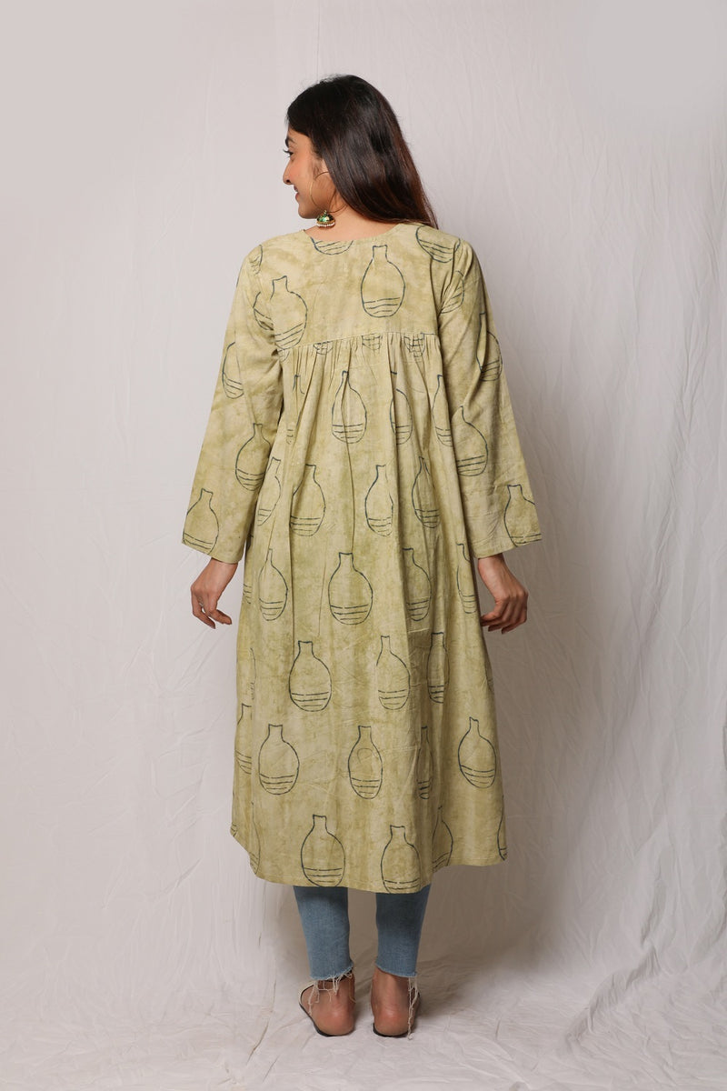 Green Dabu Block Print Cotton Dress