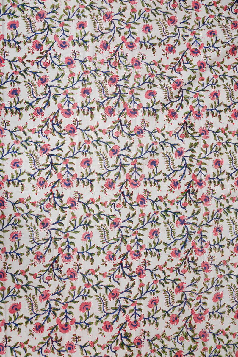 White Sanganer Floral Block Print Cotton Fabric