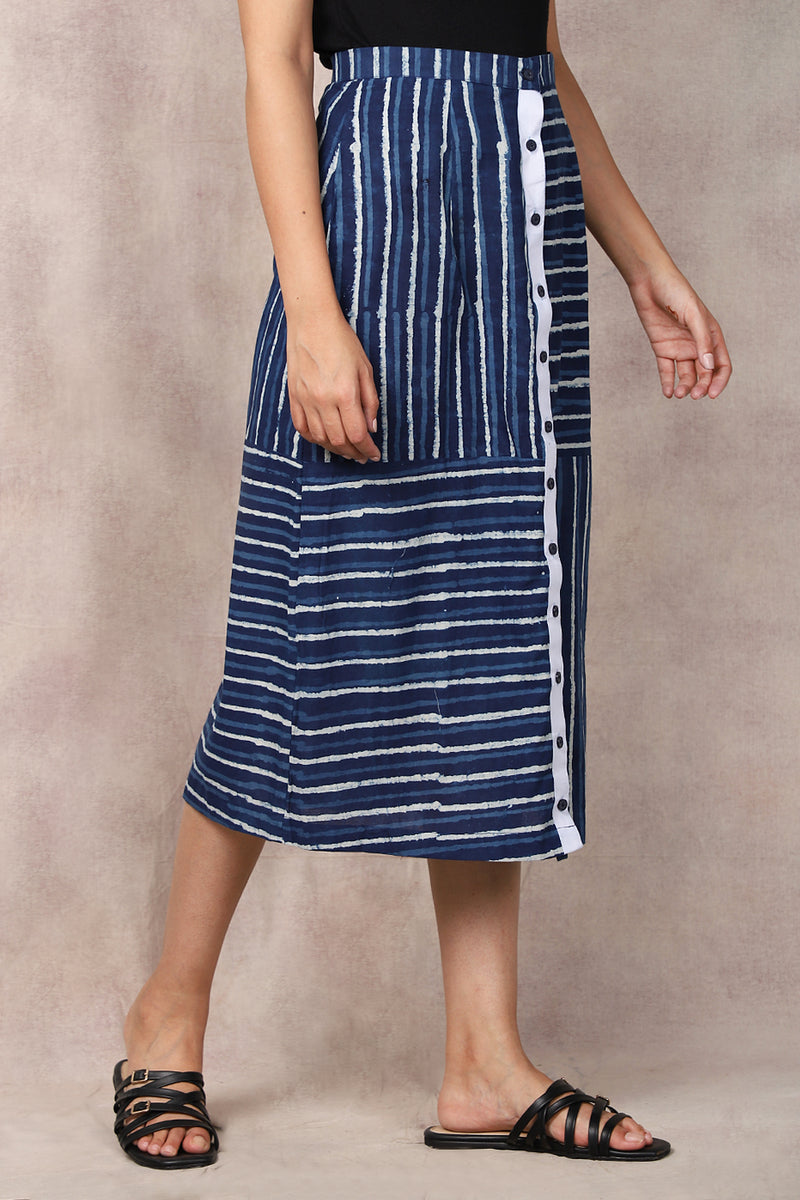 Indigo Stripes Block Print Cotton Skirt - GleamBerry