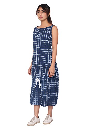 Indigo Check Hand Block Print Cotton Dress - GleamBerry