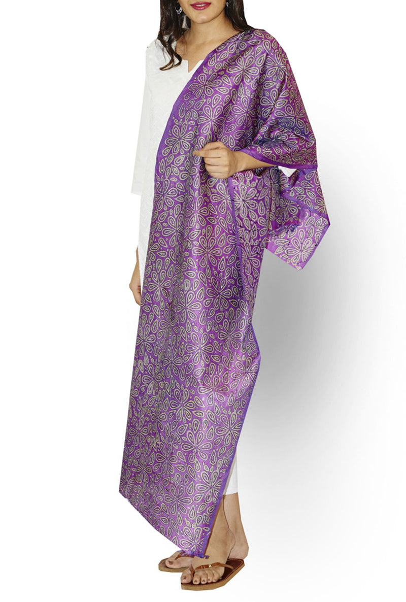 Pearly Purple Block Print Kantha Stitch Handloom Pure Silk Stole - GleamBerry