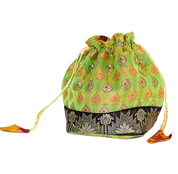 Parrot Green Handcrafted Banarasi Silk Potli Bag