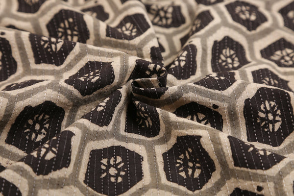 Hexagon Bagru Hand Print Katha Fabric - GleamBerry