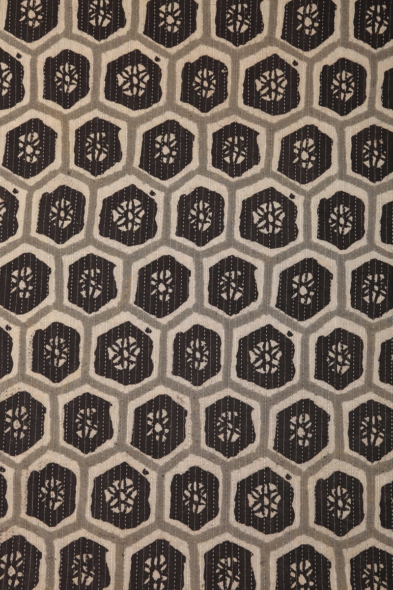 Hexagon Bagru Hand Print Katha Fabric - GleamBerry