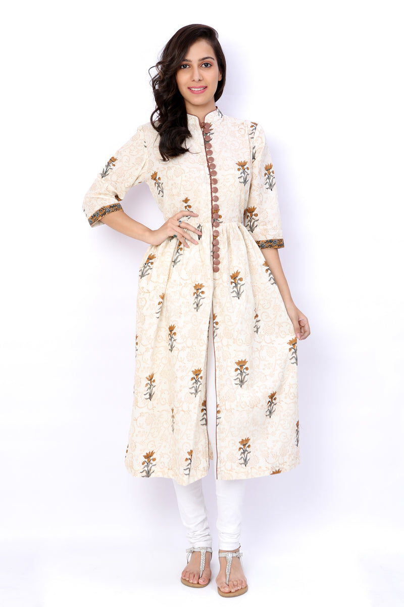 White Sanganeri Block Print Cotton Long Kurti - GleamBerry