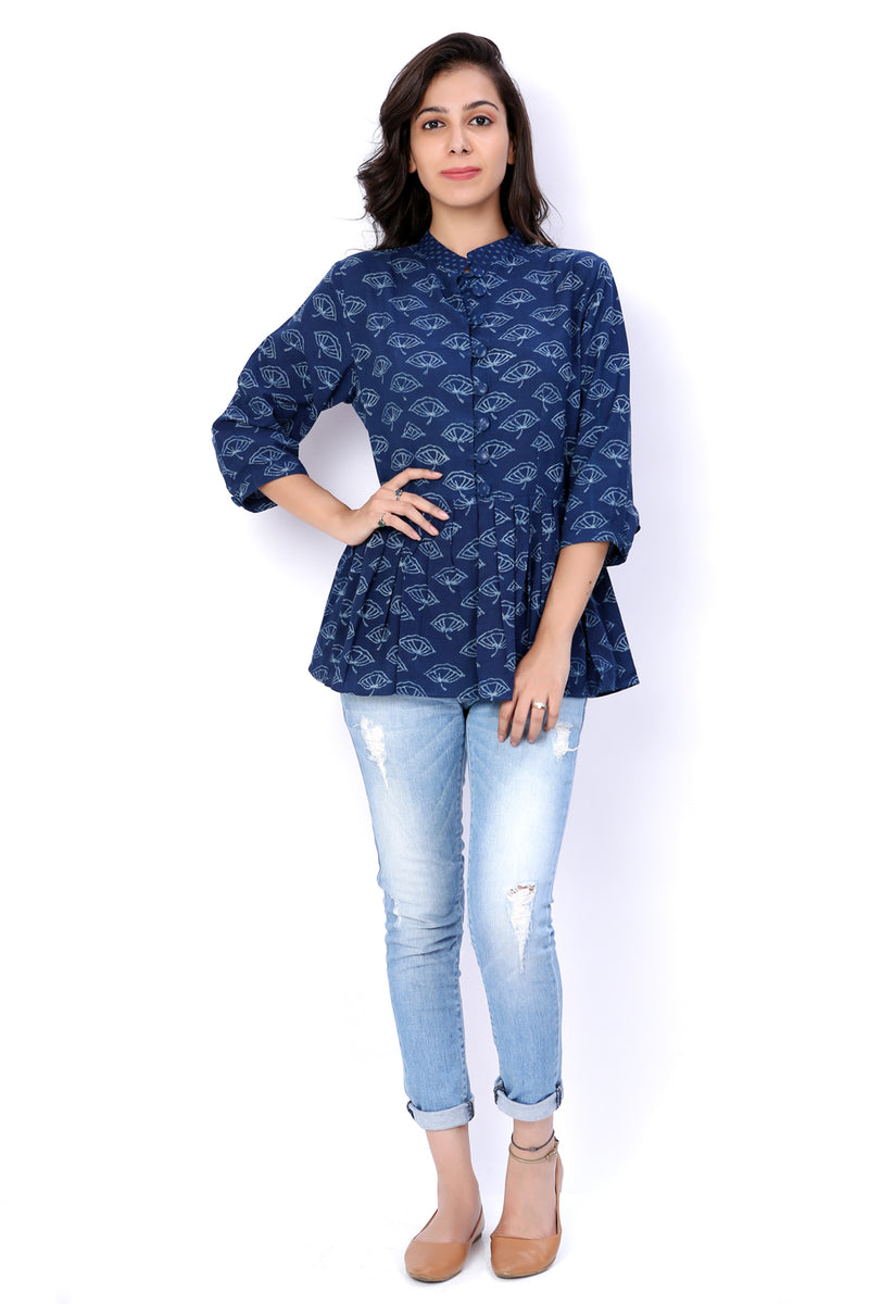 Indigo Dabu Hand Block Print Cotton Top - GleamBerry