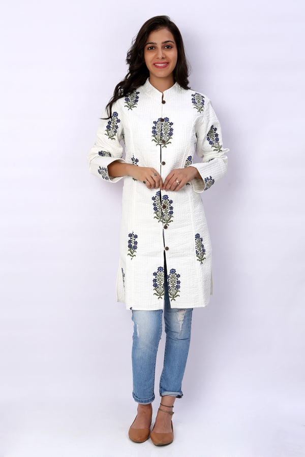 White Hand Block Printed Quilted Reversible Long Jacket - GleamBerry