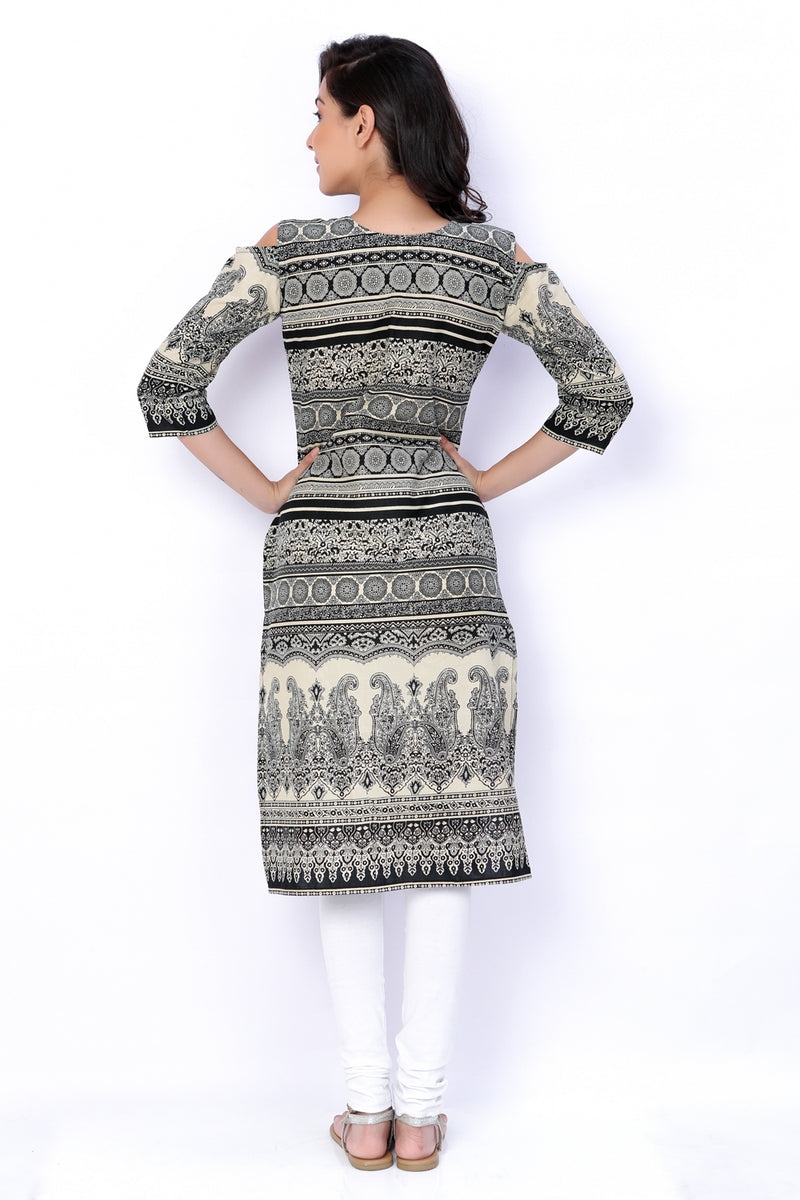 Black And White Cotton Off Shoulder Long Kurti - GleamBerry