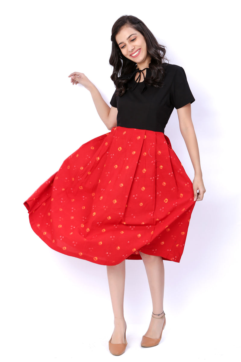 Red And Black Bandhani Cotton Dress - GleamBerry