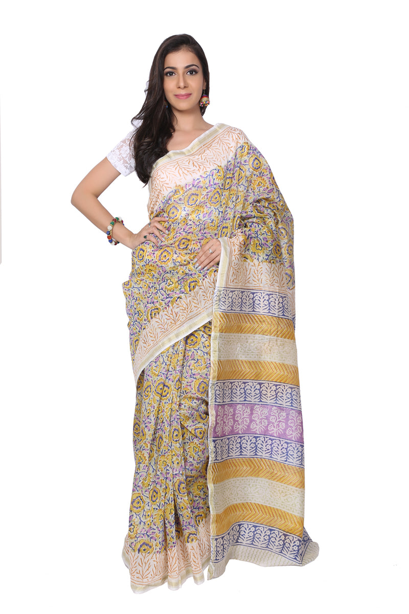 Multicolour Sanganer Hand Block Print Chanderi Saree - GleamBerry