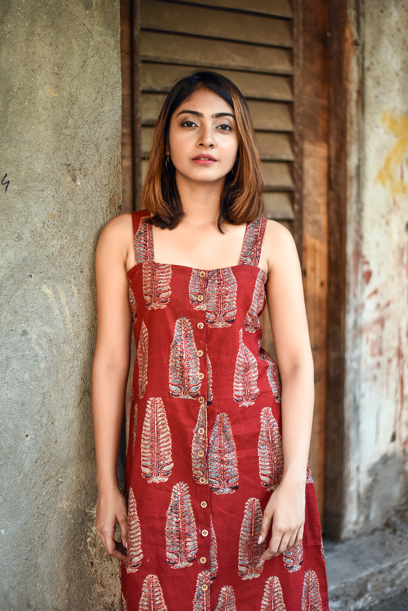Maroon Ajrakh Print Cotton Buttoned Down Dress - GleamBerry