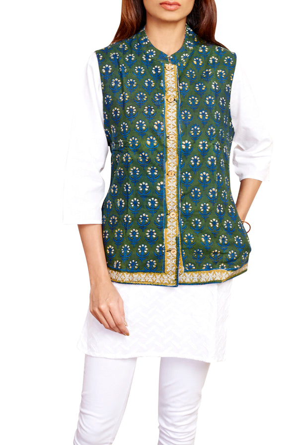Fern Green and Canvas Cream Rajasthani block Print Handloom Reversible Jacket - GleamBerry