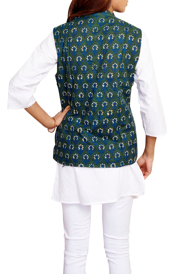 Fern Green and Canvas Cream Rajasthani block Print Handloom Reversible Jacket - GleamBerry