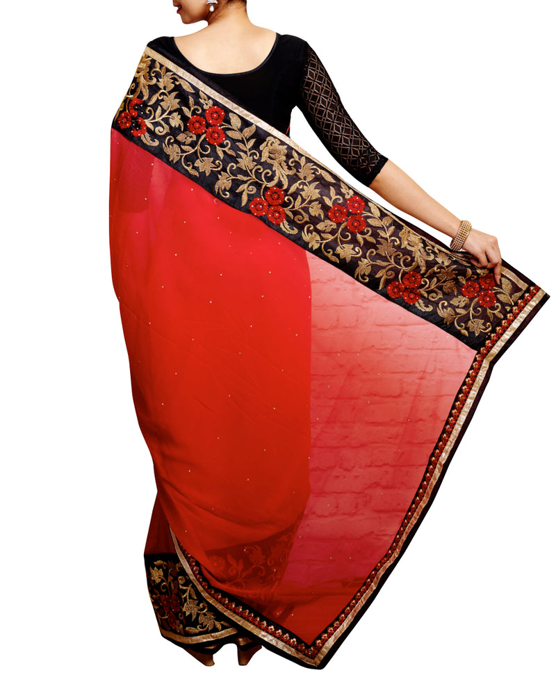 Pigment Red Embellished Embroidered Saree - GleamBerry