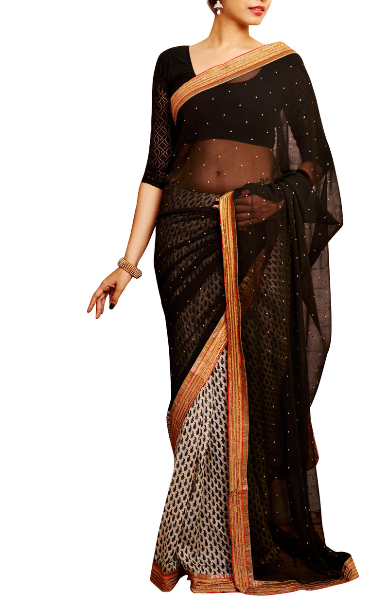 Gorgeous Black Chiffon Half And Half Saree - GleamBerry