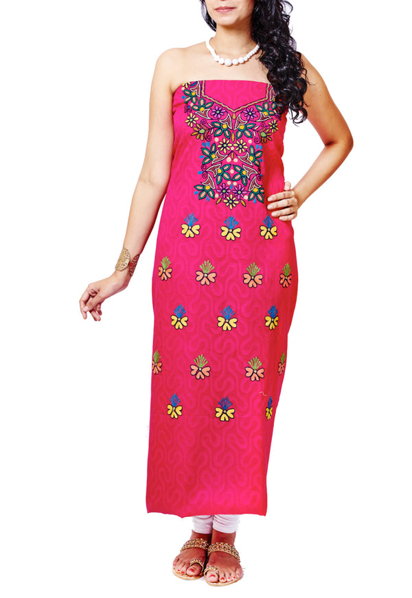Fuchsia Cotton With Hand Embroidered Kurti Unstitched Material - GleamBerry
