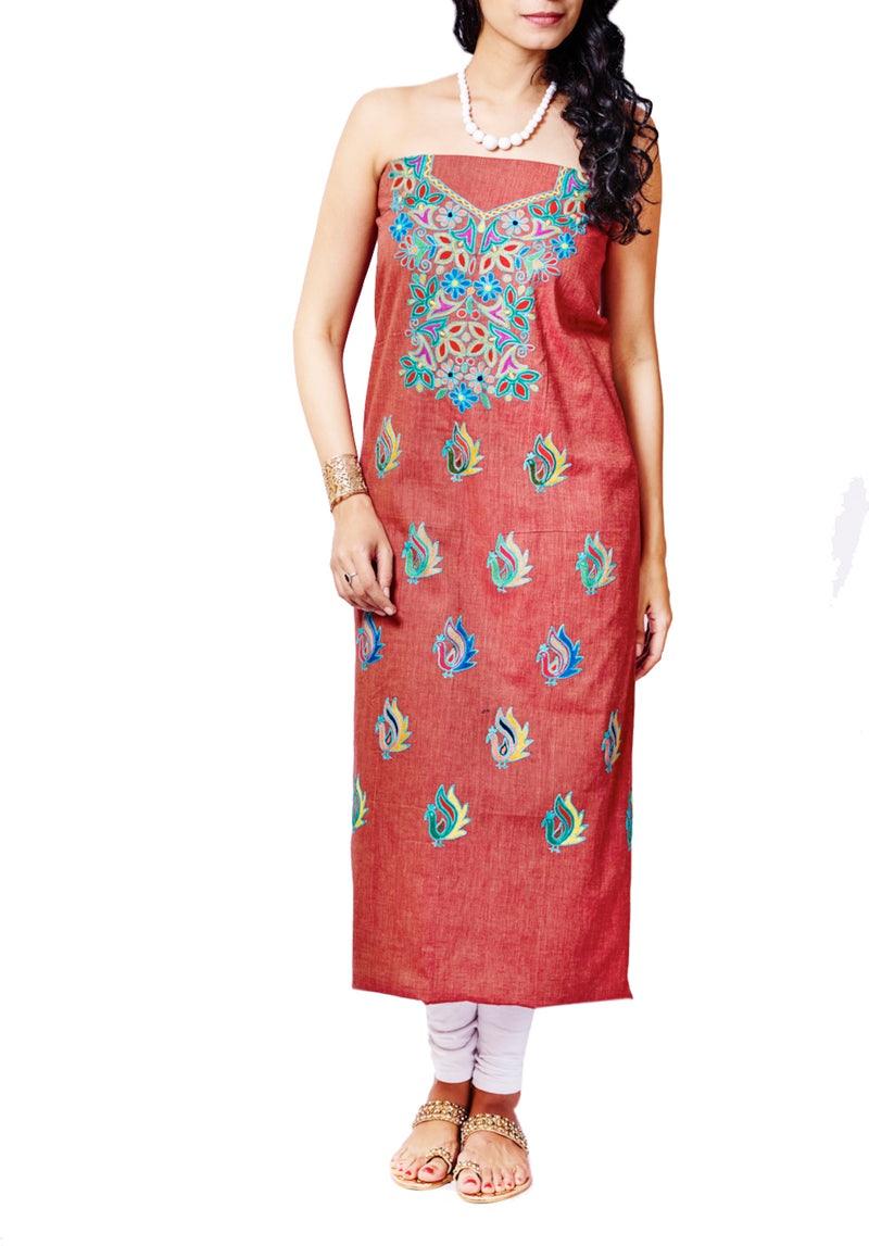Copper Cotton With Hand Embroidered Unstitched Kurti Material - GleamBerry