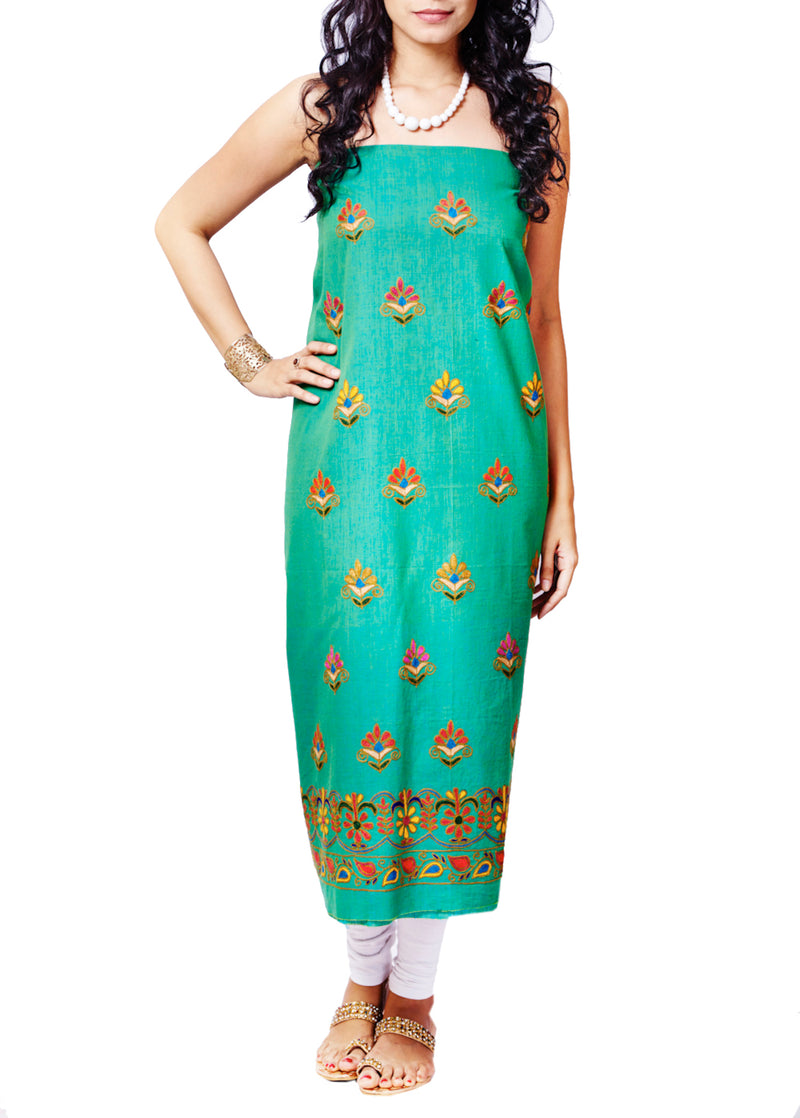 Emerald Green Cotton Hand Embroidered Unstitched Kurti Material - GleamBerry