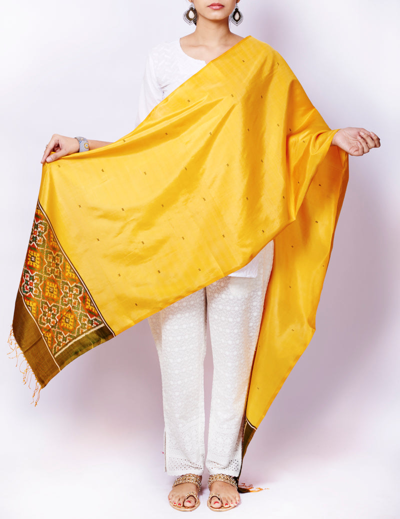 Yellow Pure Silk Handloom Ikat Patola Dupatta - GleamBerry