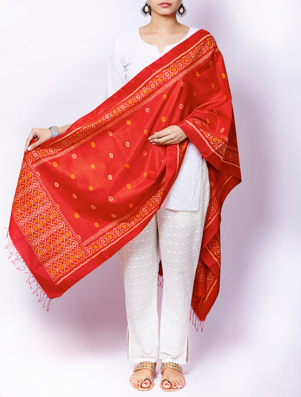 Red Pure Silk Handloom Ikat weave Patan Patola Dupatta - GleamBerry