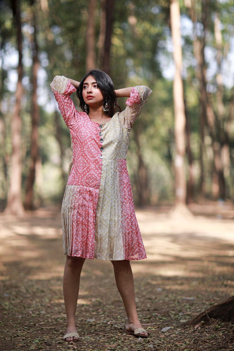 Bandhani Asymmetric Pleated Dress (30% Off)