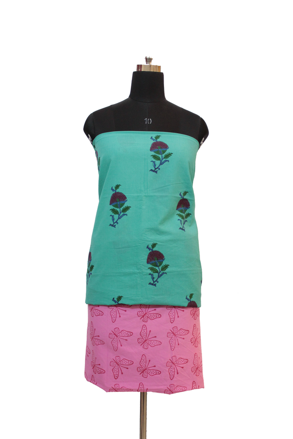 Multicolour (Turquoise And Pink) Block Print Cotton Dress Material Set