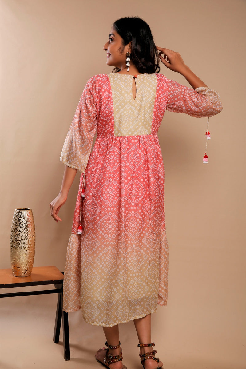 Pink and Yellow Bandhani Kurti Dress