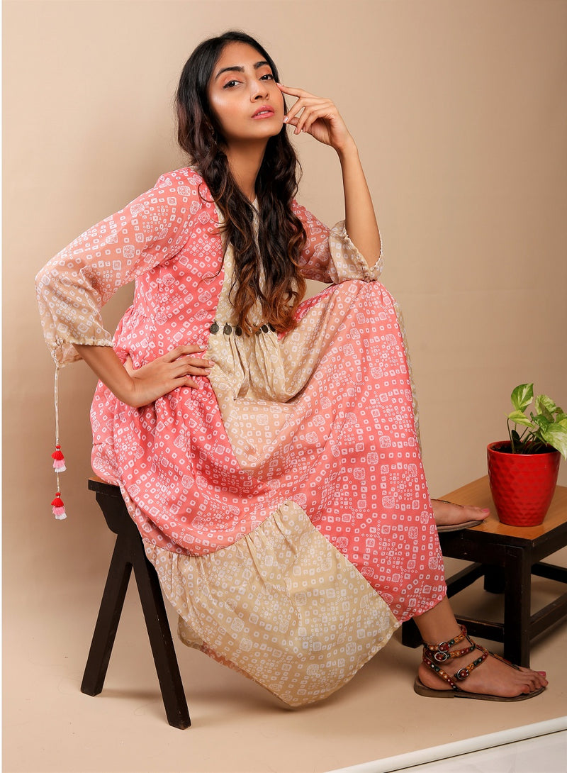 Pink and Yellow Bandhani Kurti Dress