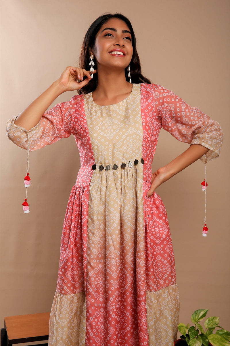 Rayon Bandhej Bandhani Printed Latest Design New Kurti Anarkali Gown Gajari  Color Ghera Kurti